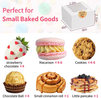 WINKIO 24pcs White Cookie Boxes, 4x4x2.5 Inches Bakery Boxes with Window, for Mini Cake Treat Dessert Pastry Donuts Macaroon Strawberries Chocolate Candy (with Stickers)