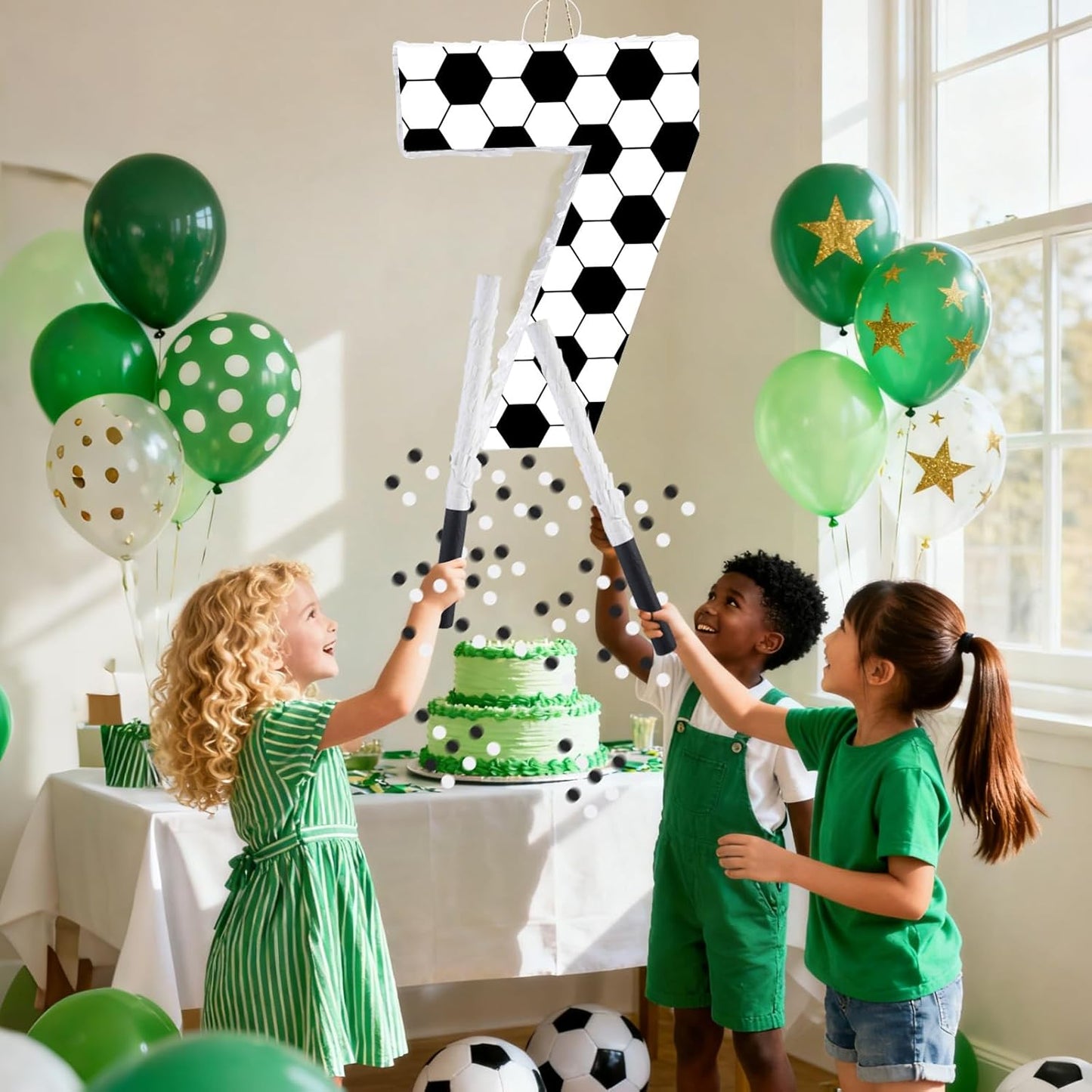 16Inch Soccer Ball Number 9 Piñata Includes Wooden Stick, Blindfold, and Confetti for for Kids 7th Anniversary Sport Themed Party Birthday Supplies