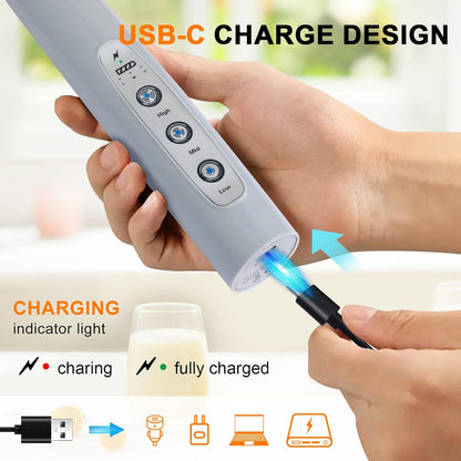 YUSWKO Black Handheld Milk Frother Wand for Coffee, Rechargeable Electric Whisk with 3 Heads 3 Speeds Drink Mixer Coffee Frother For Latte, Cappuccino, Hot Chocolate, Egg