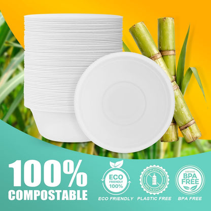 JINVOGREEN 200 Count 12 oz Paper Bowls, Disposable Compostable Bowls Bulk, Heavy Duty Biodegradable Bagasse Bowl for Snacks, Soup, and Salads, White