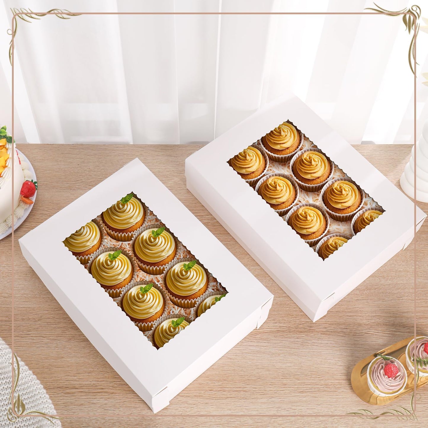 JCD 12pcs 14x10x4in Cake Boxes White Bakery Box Quarter Sheet Cake boxs with Window Large Rectangle Treat Boxes for Cake Pastry Baking Donuts Cupcake Pie Packaging