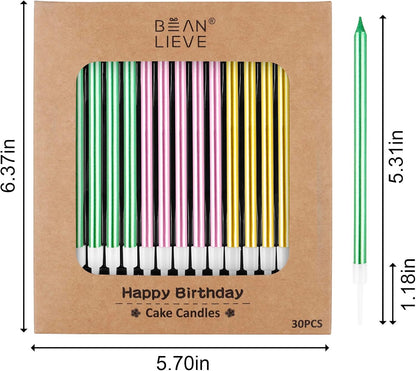 BEAN LIEVE 30-Count Champagne Gold Long Thin Metallic Birthday Candles, Cake Candles, Birthday Parties, Wedding Decorations, Party Candles, Cake Decorations