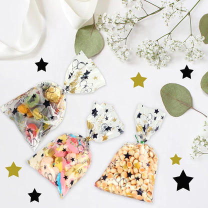 100 Pcs Star Printed 5"X 7" Gift Wrap Cello Cellophane Treat Bags Party Favor bags Clear Candy Cookie Bag Plastic Poly Goodie Storage Bag with Twist Ties for Bakery,Birthday, Wedding ,Party Decorations (Gold)