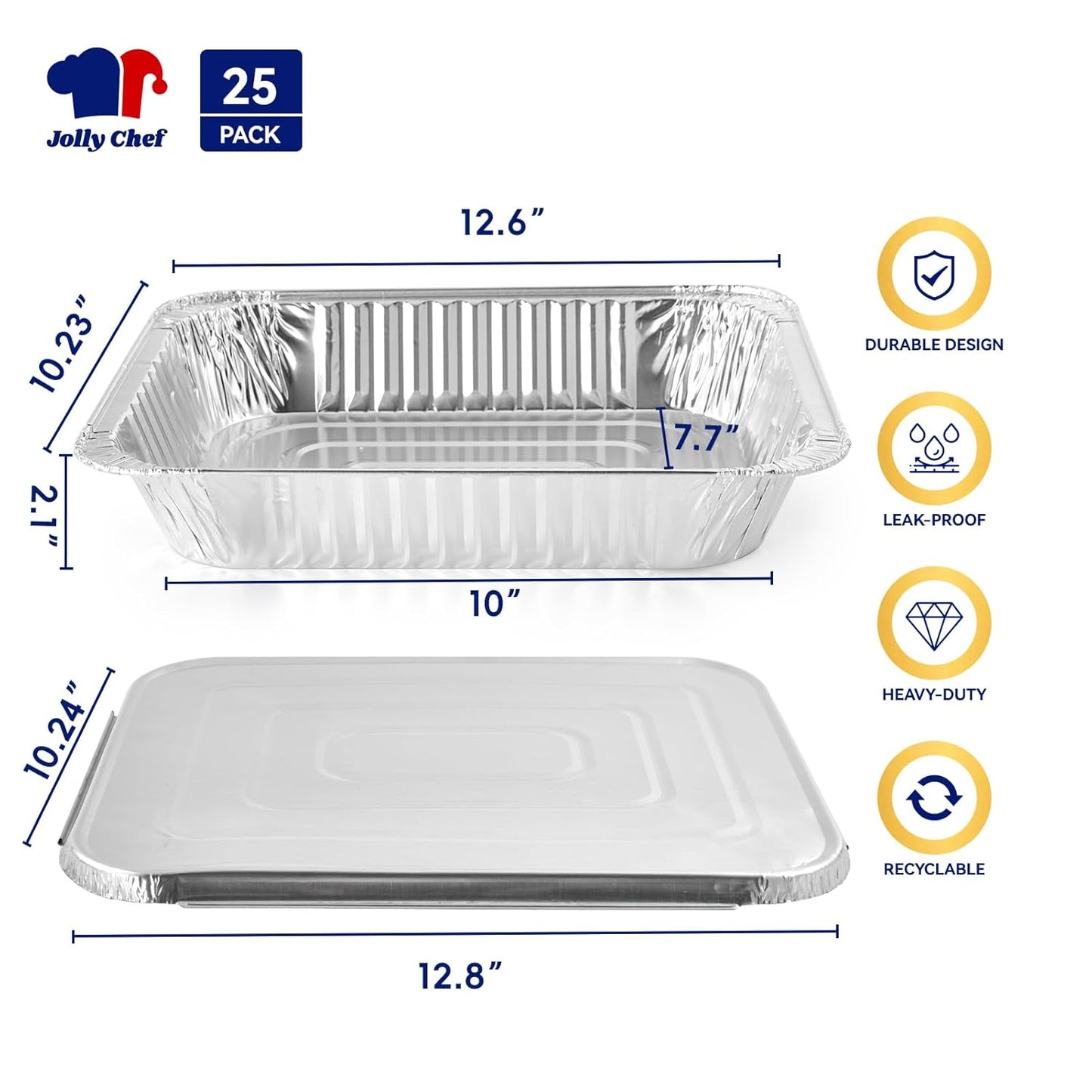 JOLLY CHEF 9x13 Aluminum Foil Pans (30 Pack) - Disposable Half Size Deep Steam Foil Pans for Roasting Turkey, Lasagna, Casseroles - Thanksgiving, Christmas, Parties, Catering