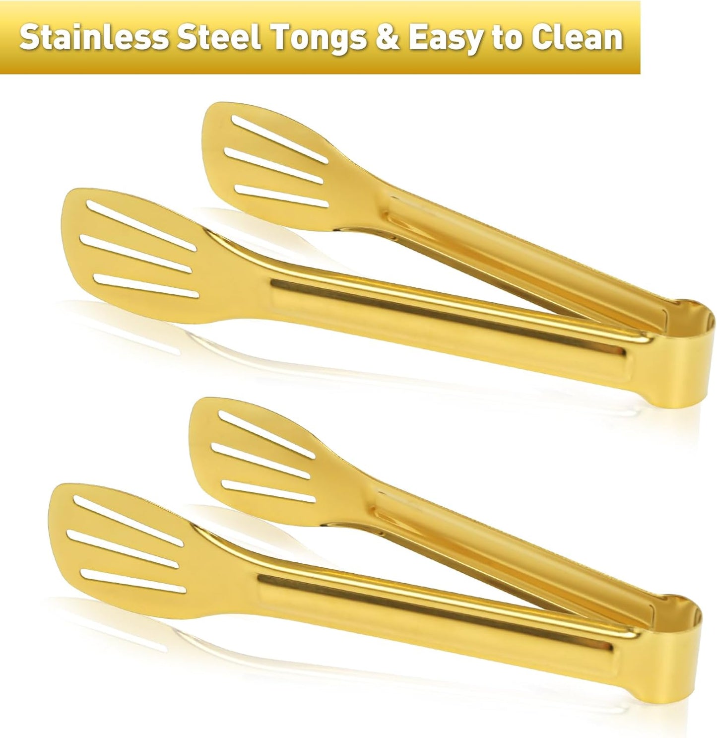 JCREN 12 Pcs Serving Tongs, Small Serving Utensils for Parties Catering Gold Tongs, Food-Grade 304 Stainless Steel Mini Appetizer Tongs for Tea Party Coffee Bar, 4 Inches - Gold