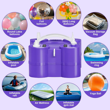 FLSEPAMB Electric Balloon Pump, 3-in-1 Portable Electric Air Balloon Blower Machine Balloon Pump 2 Motor Dual Nozzle Balloon Inflator for Latex 260Q Long Foil Balloons Swimming Rings Air Beds