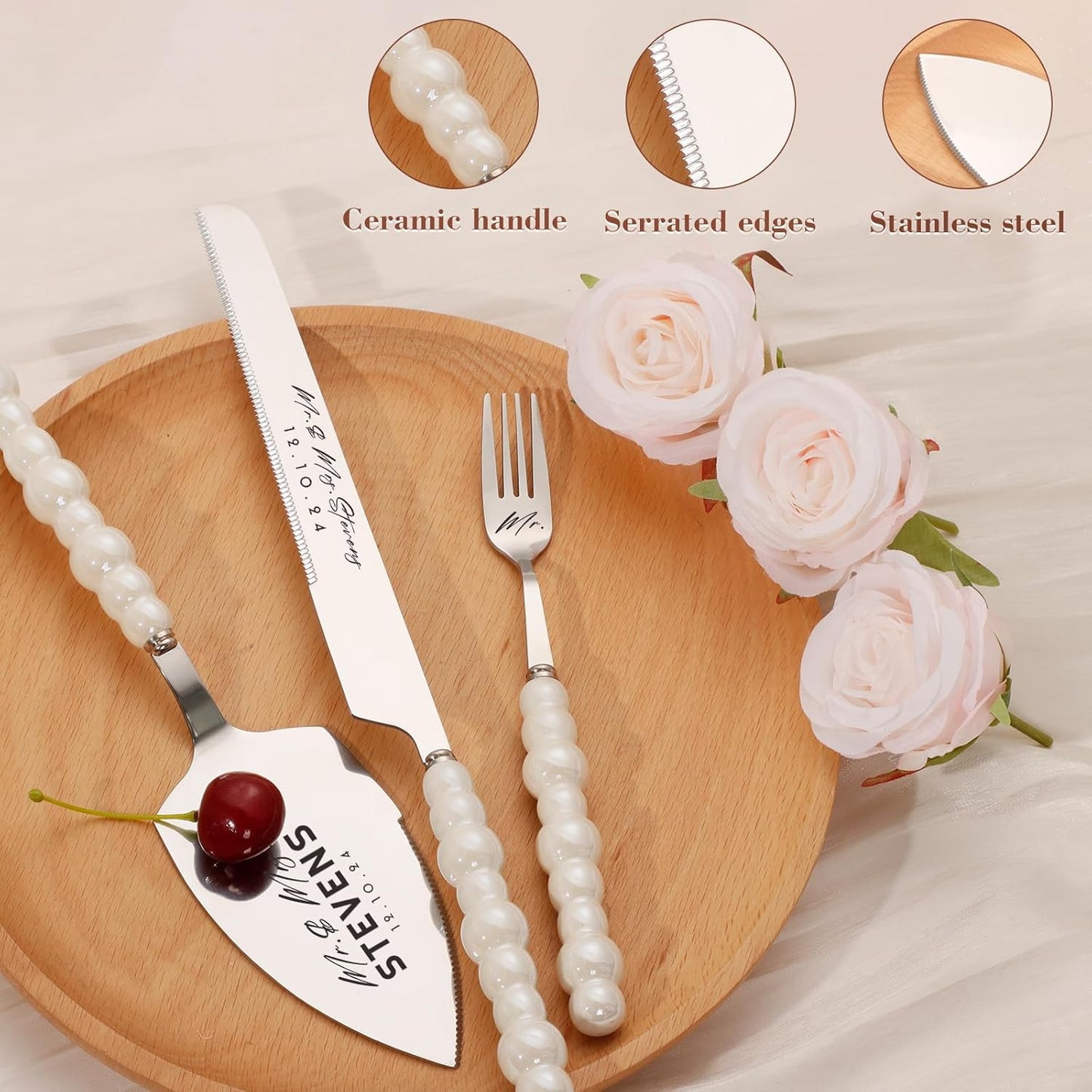 Pearl Wedding Cake Knife and Server Set with Forks, Cake Cutting Set with Stainless Steel Serrated Edges, Silver Pie Cutter Pizza Spatula, Gift for Bridal Couples Engagement (Mr & Mrs)
