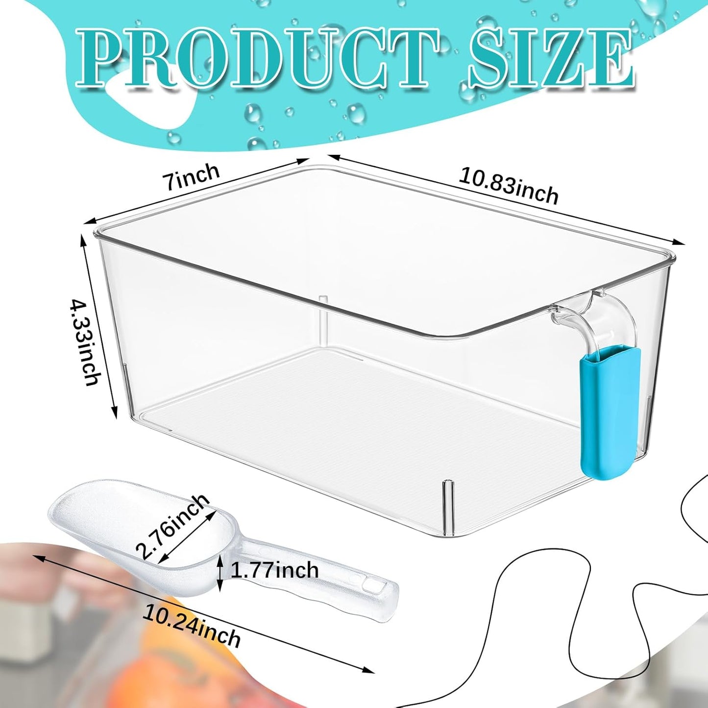 Havawish Ice Storage Bin and Flexible Scoop Set Plastic Freezer Bin with Pull Out Handle Storage Bucket Clear for Container with Scoop(Grey,10.83 x 4.92 x 4.33 in,Classic)
