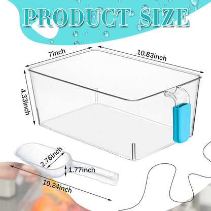 Havawish Ice Storage Bin and Flexible Scoop Set Plastic Freezer Bin with Pull Out Handle Storage Bucket Clear for Container with Scoop(Grey,10.83 x 4.92 x 4.33 in,Classic)