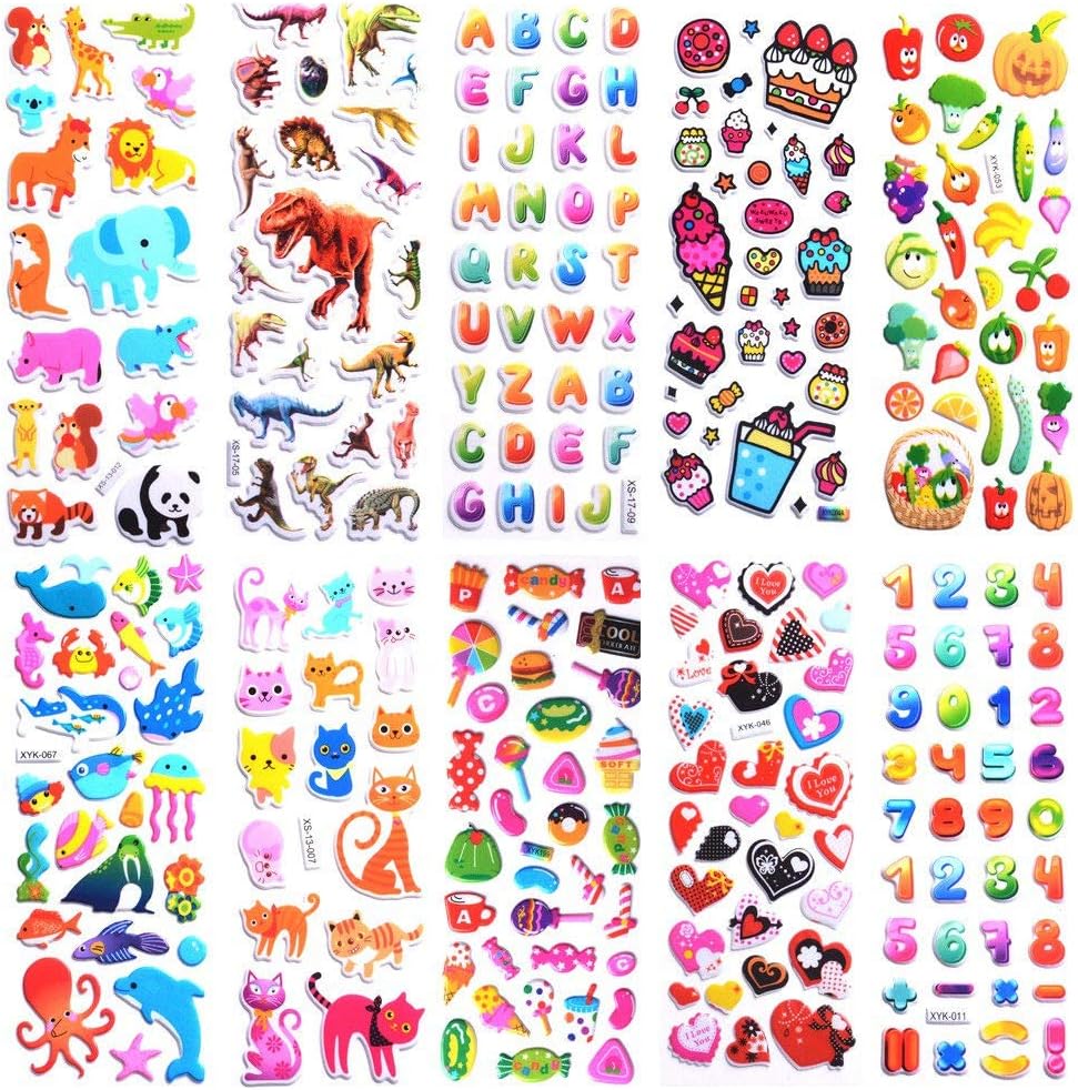 Stickers for Kids 1000+, 3D Puffy Stickers for Kids Toddlers 40 Different Sheets Variety Pack for Scrapbooking, Gifts, Rewards Including Animals, Stars, Fishes, Hearts, Dinosaurs, Cars and More