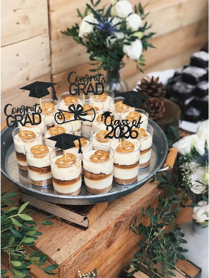 2026 Graduation Theme Cupcake Toppers Glitter Class of 2026 Graduation Cap Diploma Cupcake Picks - Set of 24 (Gold)