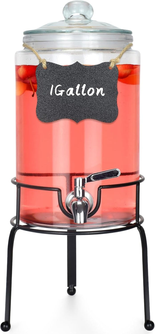1 Gallon Beverage Dispenser 2 Pack, Stainless Steel Spigot Drink Dispenser for Parties with Stand, Clear Glass Drink Container Easy to Refill and Clean