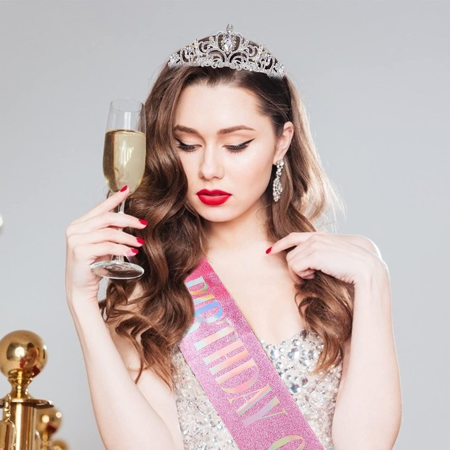COCIDE Birthday Queen Sash & Rhinestone Tiara Set Gold Happy Birthday Crowns for Women Party Decoration Kit Rhinestone Headband for Women Glitter Crystal Hair Accessories for Cake Topper