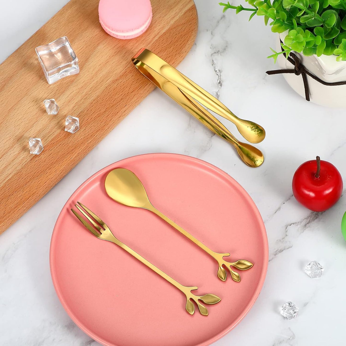 Sieral 10 Pieces Leaf Coffee Spoons, Mini Serving Tongs and Appetizer Forks Stainless Steel Sugar Cube Tongs Dessert Spoons Metal Dinner Forks for Dessert Coffee Tea (Silver)