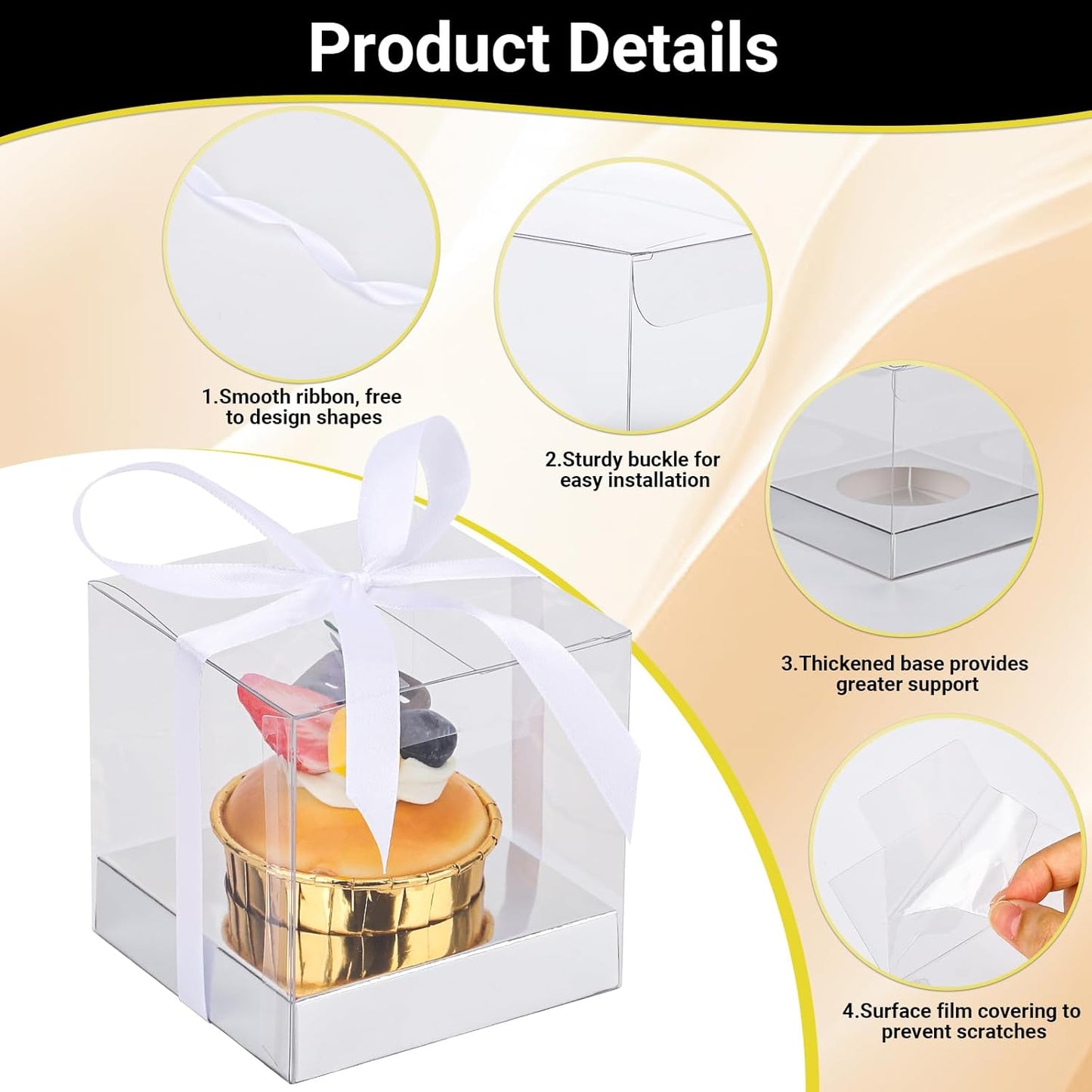 EUSOAR Individual Cupcake Holder, 50pcs 3.5 Inch Plastic Black Cupcake Containers with Lids, Single Transparent Display Clear Cupcake Carrier with Ribbon and Inserts for Wedding Party Favor