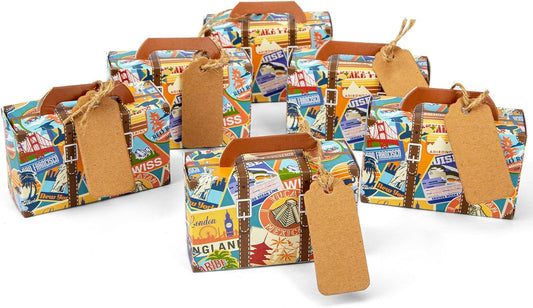 VGOODALL 50PCS Mini Suitcase Party Favor Box, 3"x2"x1.2" Small Gift Box with Tags for Travel Themed Party, Bridal Shower, Wedding