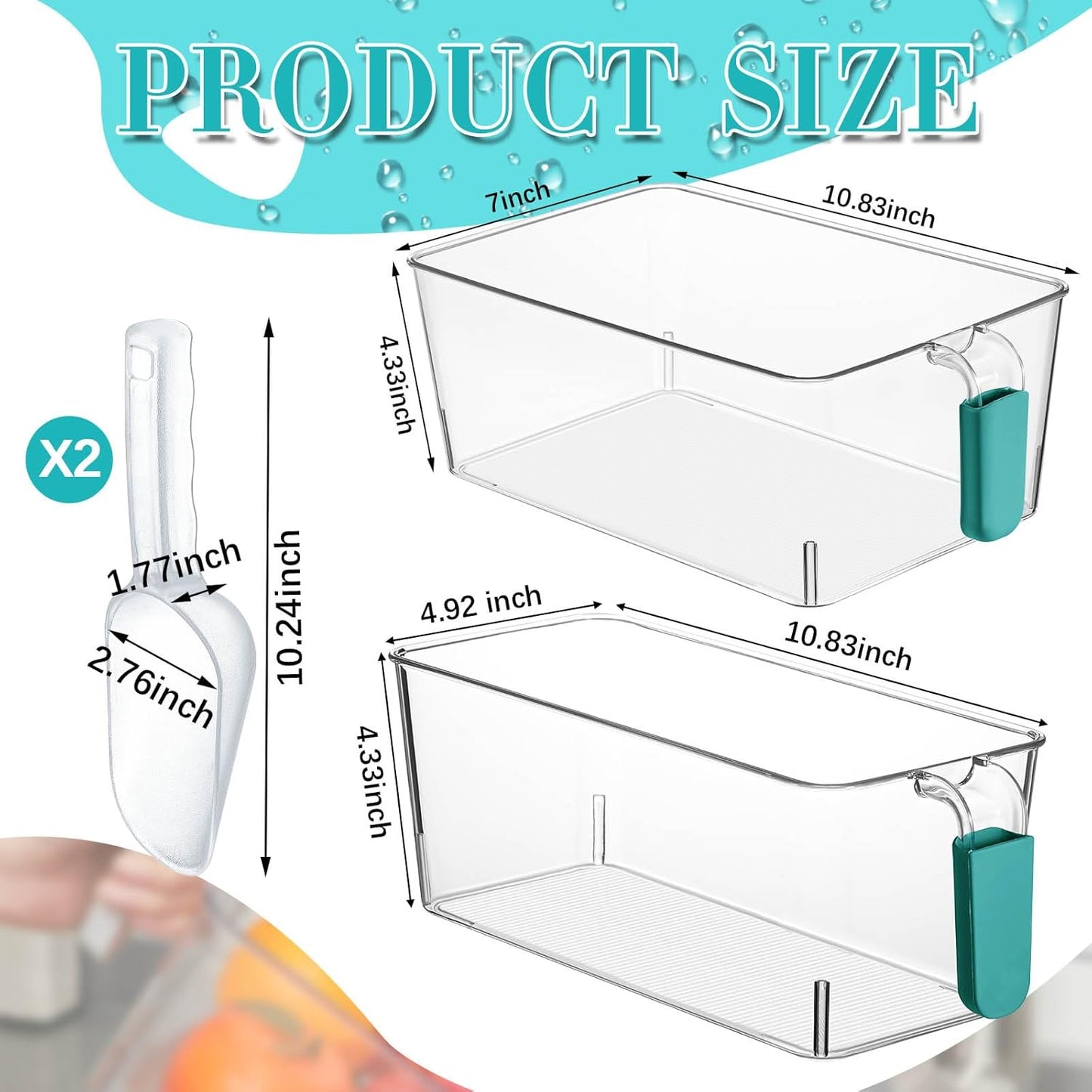 Havawish Ice Storage Bin and Flexible Scoop Set Plastic Freezer Bin with Pull Out Handle Storage Bucket Clear for Container with Scoop(Grey,10.83 x 4.92 x 4.33 in,Classic)