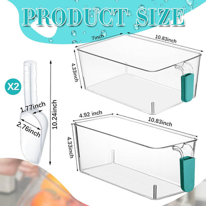 Havawish Ice Storage Bin and Flexible Scoop Set Plastic Freezer Bin with Pull Out Handle Storage Bucket Clear for Container with Scoop(Grey,10.83 x 4.92 x 4.33 in,Classic)