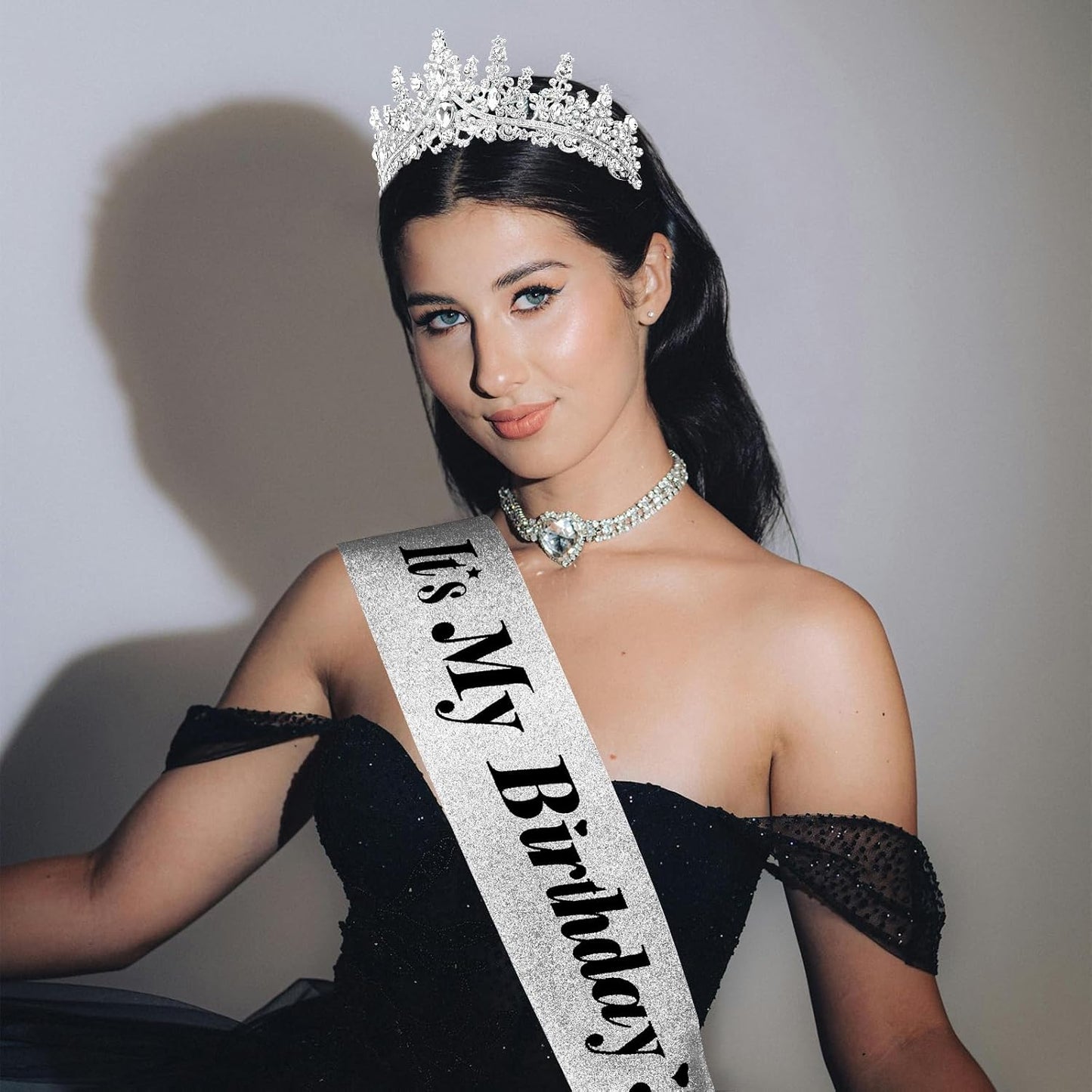 CURASA Birthday Tiara and Sash - Silver Birthday Crown for Women, Perfect for Parties and Celebrations