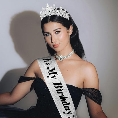 CURASA Birthday Tiara and Sash - Silver Birthday Crown for Women, Perfect for Parties and Celebrations