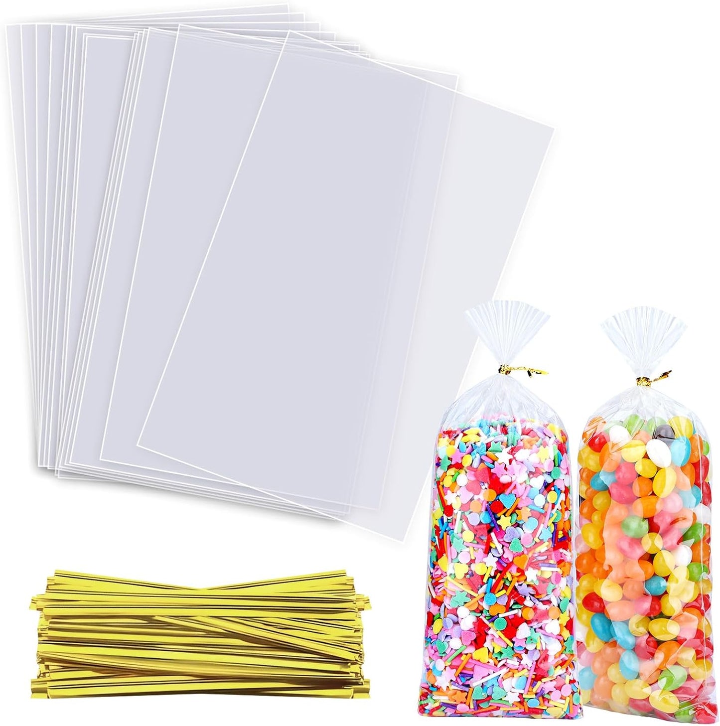 Clear Candy Bags 100pcs 6X10 Cellophane Treat Bag Party Favor Goodie Cake Pop Gift Apple Cello for Gift Baskets Bakery Cookie with Ties