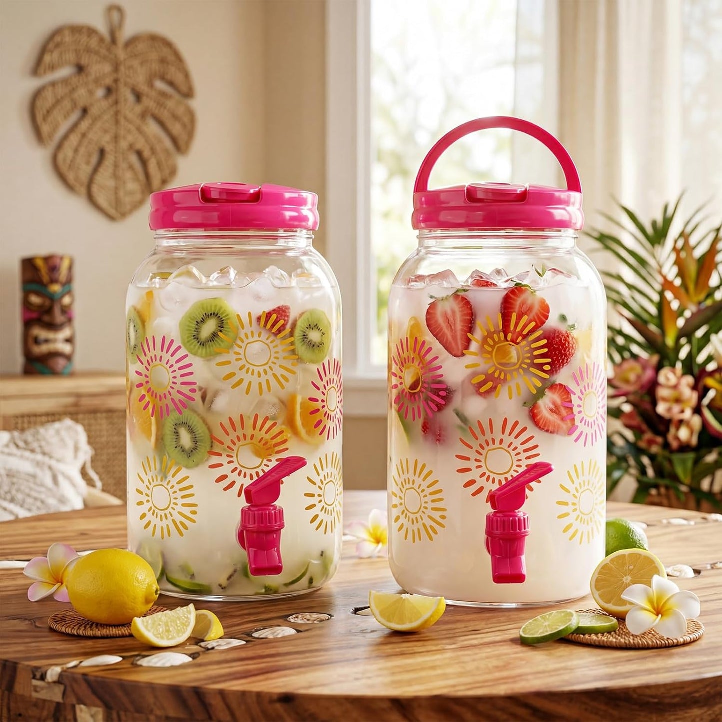 Havawish 2 Pcs 1 Gallon Plastic Beverage Dispenser with Spigot Clear Summer Kitchen Fridge Drink Dispenser for Parties Lemonade Juice Tea Beer Cold Water (Red,Cylinder)