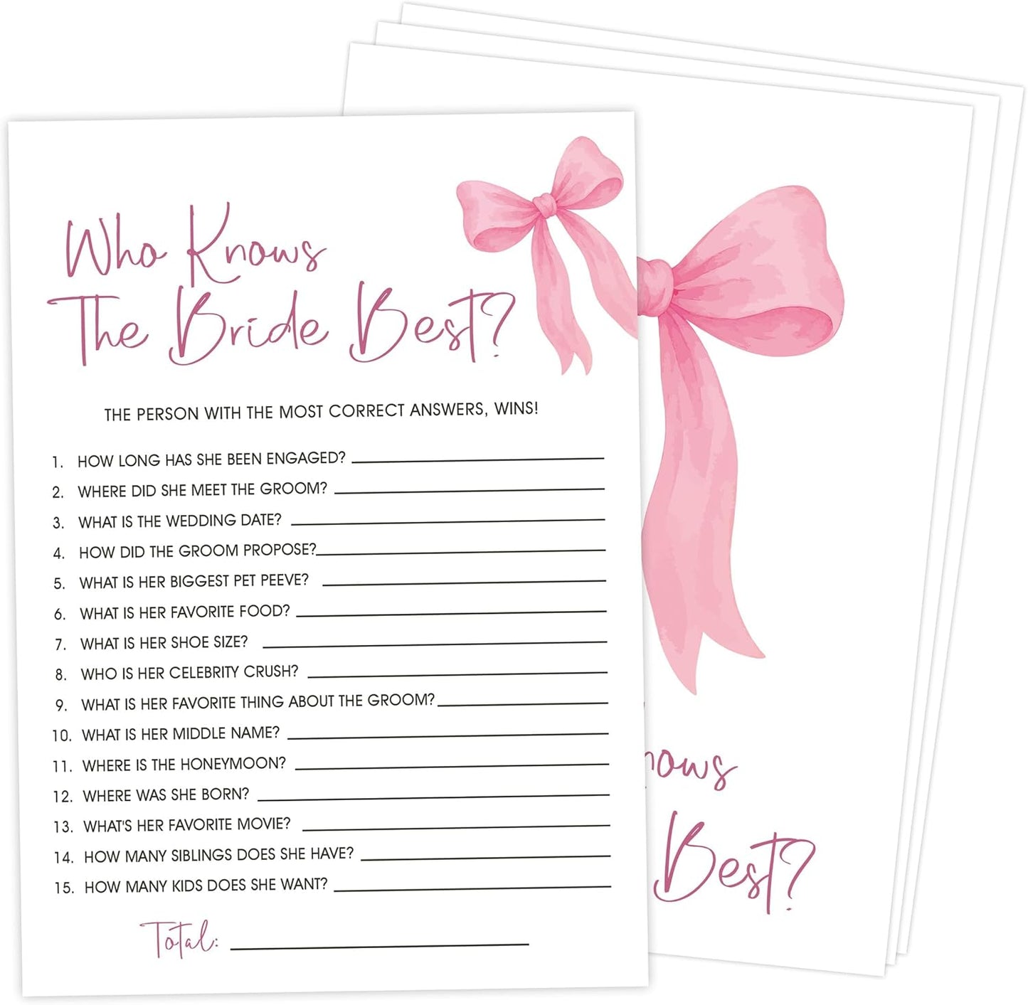 Pink Bow Bridal Shower Bingo Game with Blank Squares, Pack of 30 Game Cards, Bridal Shower Decorations, Wedding Engagement Decor, Bachelorette Party Supplies - KR05