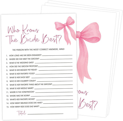Pink Bow Bridal Shower Bingo Game with Blank Squares, Pack of 30 Game Cards, Bridal Shower Decorations, Wedding Engagement Decor, Bachelorette Party Supplies - KR05