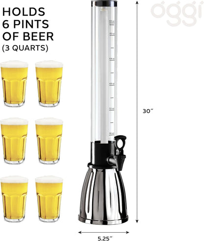 OGGI Beer Tower 88oz - Beverage Dispenser with Spigot & Ice Tube, Margarita Tower, Mimosa Tower, Perfect Drink Dispensers for Parties, Drink Tower, Holds 6 Pints of Beer – Stainless