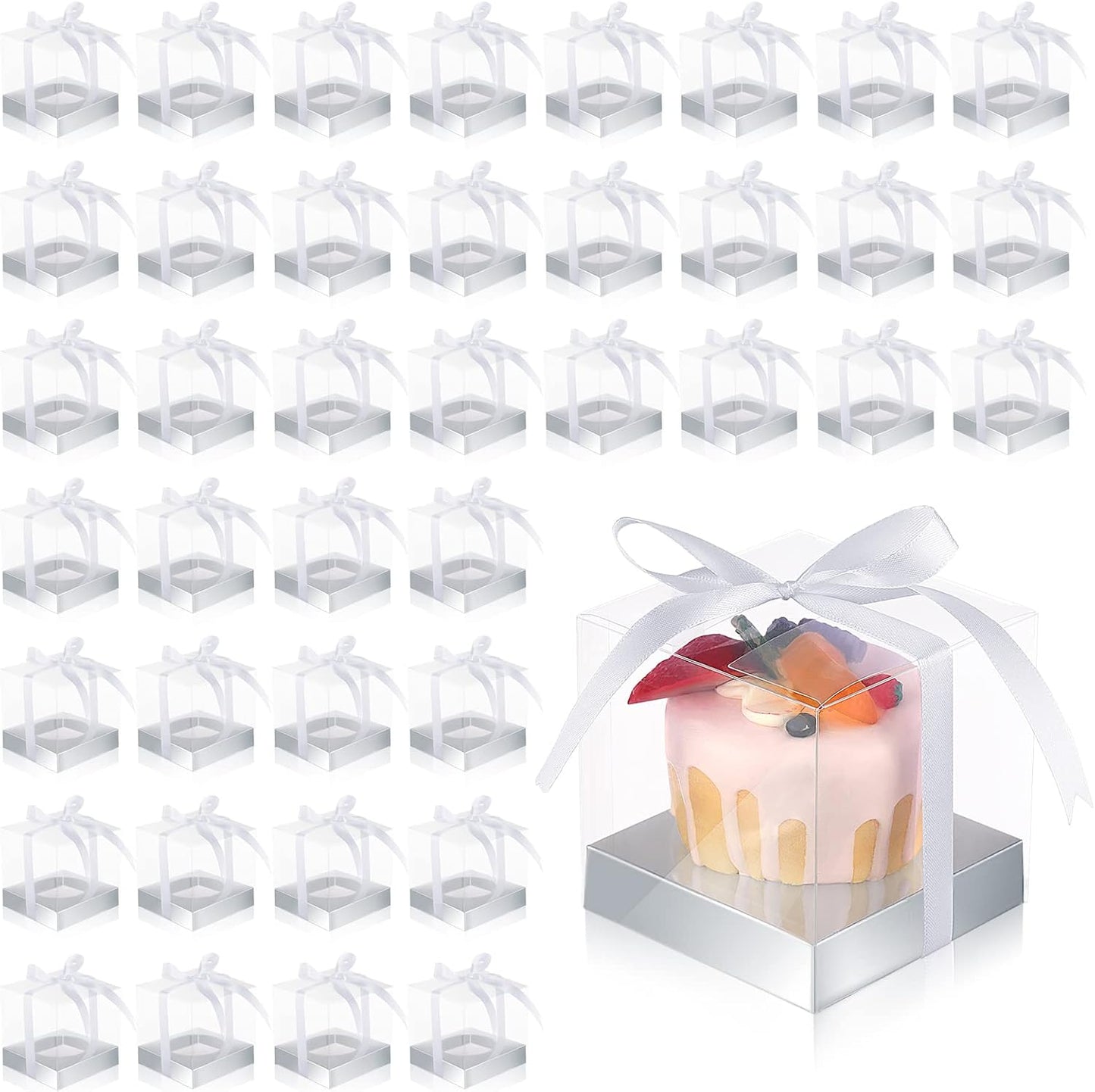 Thenshop 50 Pcs Clear Cupcake Boxes Individual 3.5 Inch Plastic Single Cupcake Containers Boxes with Inserts and Ribbon Individual Cake Storage Holders for Cake Kitchen(Dark Blue)