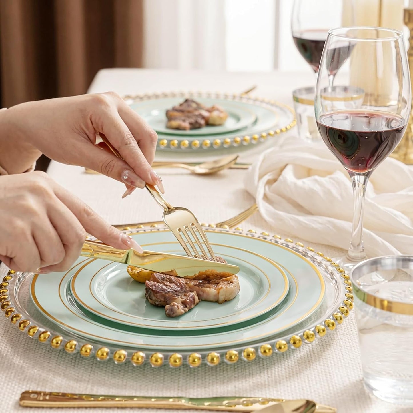 350 Pieces Black and Gold Plastic Plates with Disposable Silverware, Include 50 Dinner Plates 9”, 50 Dessert Plates 6.3”, 50 Black Cups 9 OZ, 50 Pre Rolled Napkins for Wedding Party Graduation
