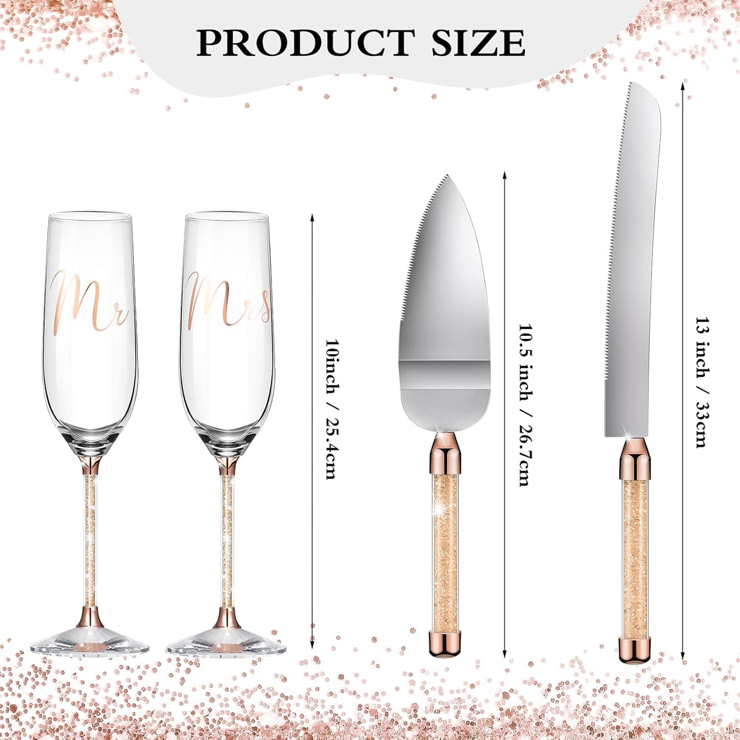 Boao 4 Piece Wedding Cake Knife and Champagne Flutes Server Set Mr and Mrs Toasting Flutes Crystal Rhinestone Cake Cutting Set for Bride and Groom Wedding Engagement Bridal Shower Gifts(Silver)