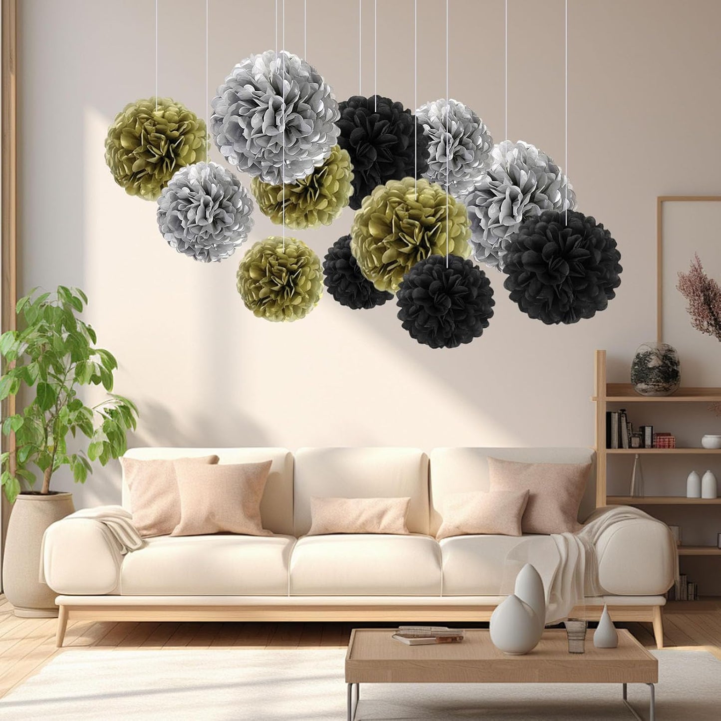 18 PCS Tissue Paper Pom Poms, Tissue Pom Poms Flowers, Sizes of 6", 10", 12", 14" Hanging Paper Flower Ball for Wedding, Birthday, Halloween, Christmas, Baby Shower Party Decor (Red Black Gold)