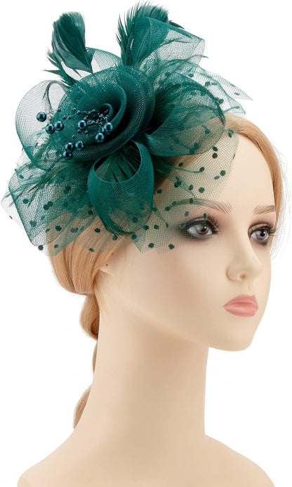 DRESHOW Fascinators Hat Flower Mesh Ribbons Feathers on a Headband and a Clip Tea Party Headwear for Girls and Women - Colors A