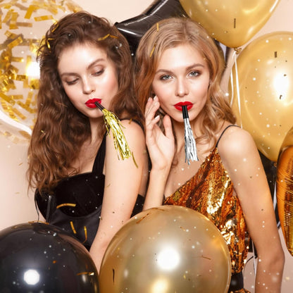 Skylety 40 Pieces Party Noise Makers New Year Horns and Blowouts Gold Glitter Squawkers Whistles Metallic Fringed Musical Blowers Bulk for Adult Birthday Graduation Sporting Event 2026 New Years Favor