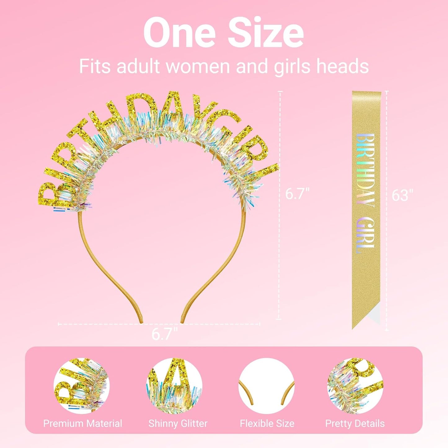 Birthday Headband with Sash for Women, Birthday Crwon Tiara for Decorations