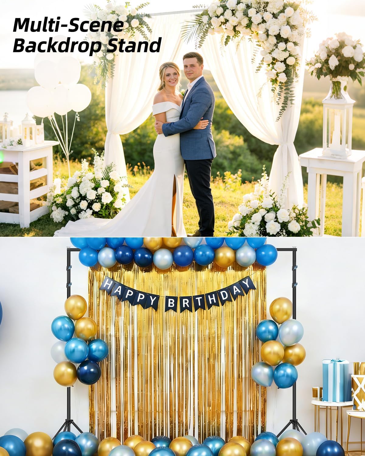 Hemmotop Backdrop Stand 10x8ft (WxH), Photography Background Stand for Parties, Adjustable Photo Backdrop Stands Kit for Wedding, Photo Booth, Party, Decoration, Balloon, Projector Screen