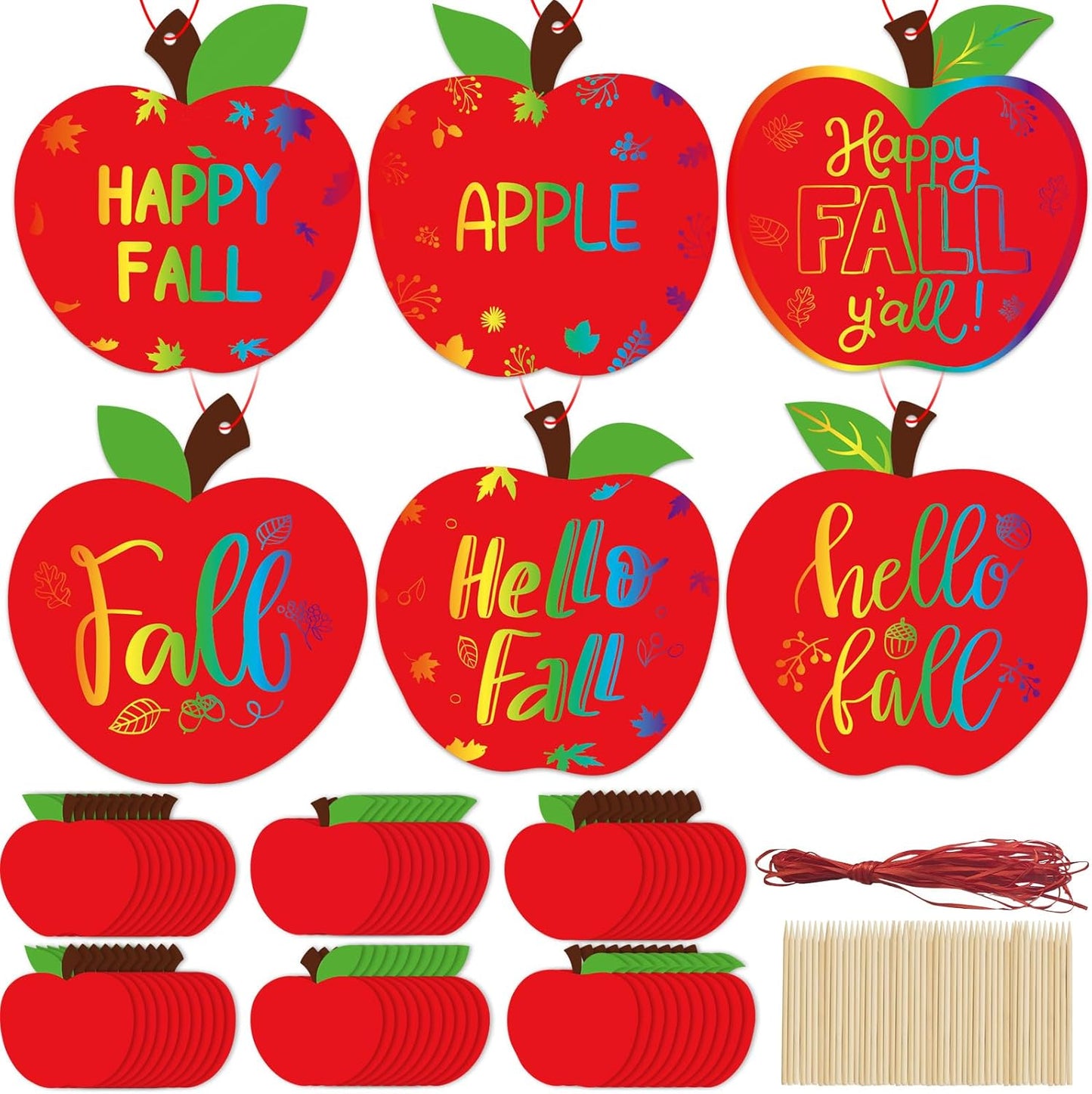 Qyeahkj 60 Sets Fall Red Apple Crafts Rainbow Magic Scratch Paper Craft with Wooden Stick Apple Scratch Art Kit for Fall Party Decor Autumn DIY Projects Room Activities