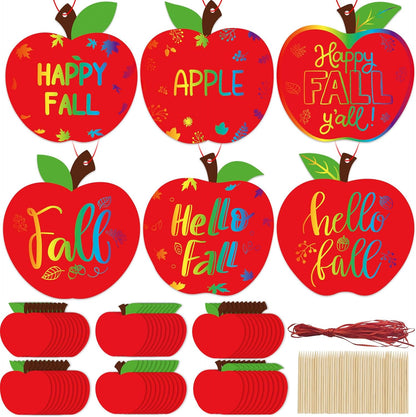 Qyeahkj 60 Sets Fall Red Apple Crafts Rainbow Magic Scratch Paper Craft with Wooden Stick Apple Scratch Art Kit for Fall Party Decor Autumn DIY Projects Room Activities