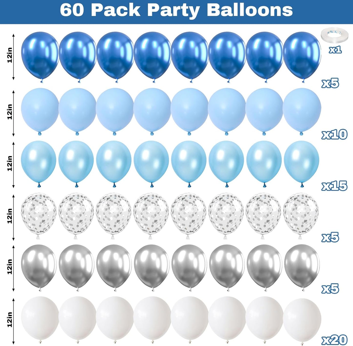 60 Pcs Blue and Silver Balloons, Navy Royal Blue Silver Party Balloons with Metallic Confetti Helium Latex Balloons for Birthday Baby Showers Fathers Day 2025 Graduation Decoration