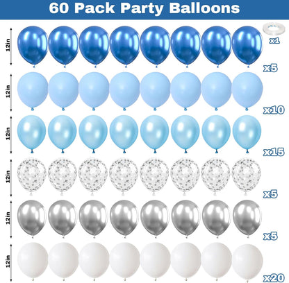60 Pcs Blue and Silver Balloons, Navy Royal Blue Silver Party Balloons with Metallic Confetti Helium Latex Balloons for Birthday Baby Showers Fathers Day 2025 Graduation Decoration