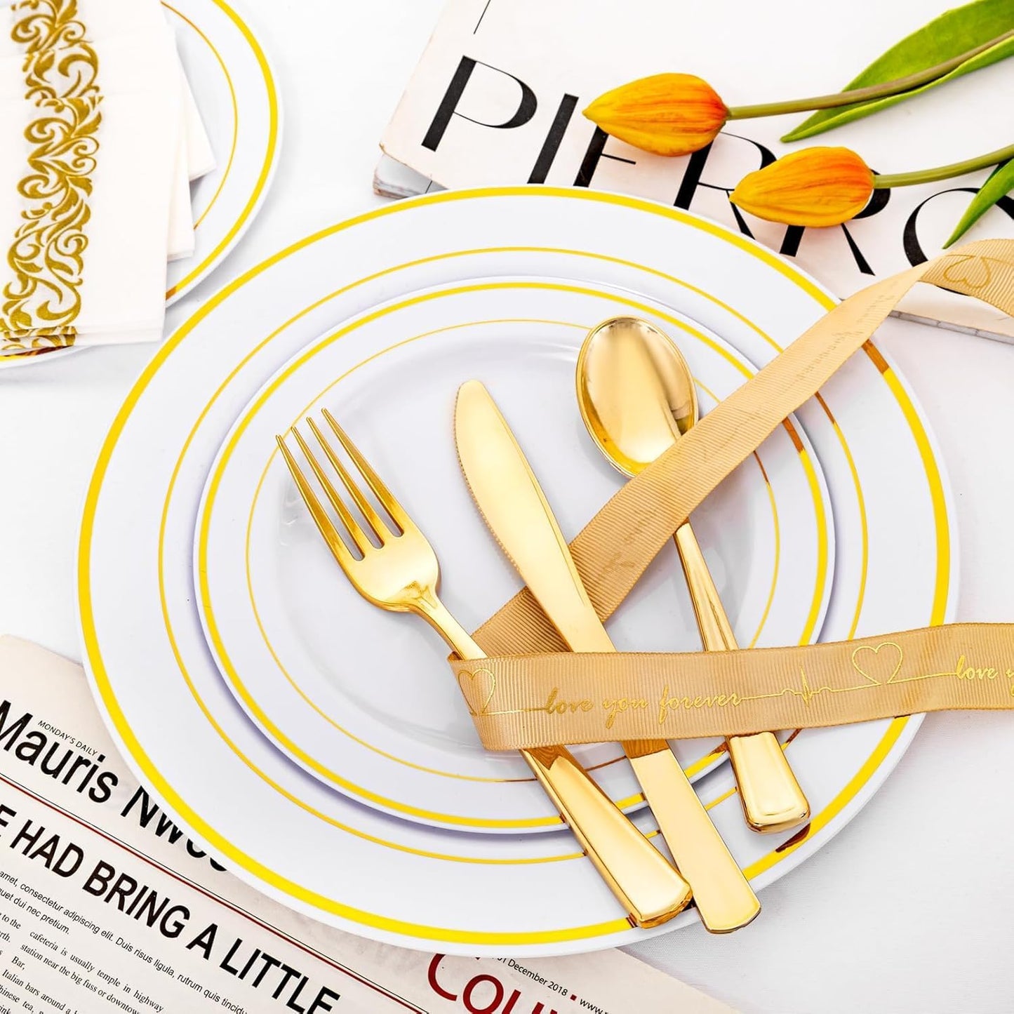 I00000 102 Pieces Gold Plastic Plates, Disposable Party Plates White Gold Rim, 51 Disposable Gold Dinner Plates 10.25 Inch and 51 Disposable Dessert Appetizer Elegant Fancy Wedding Plates 7.5 Inch