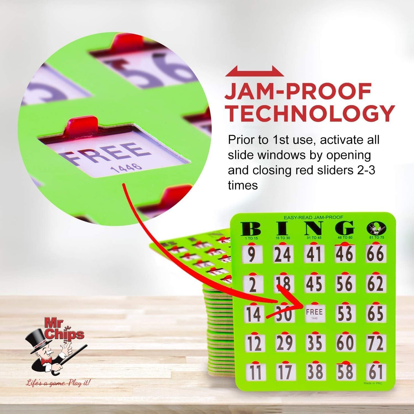 MR CHIPS Jam-Proof Bingo Cards with Sliding Windows, 25 Reusable Shutter Cards, 75 Calling Cards 1 Master Board in Tan Woodgrain Style