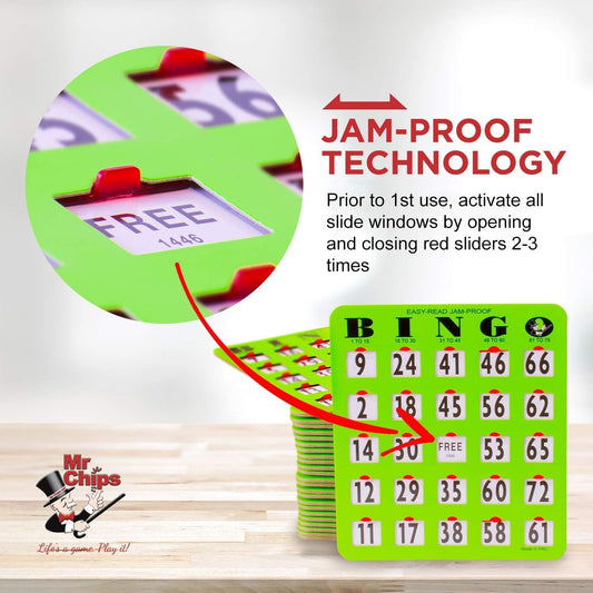 MR CHIPS Jam-Proof Bingo Cards with Sliding Windows, 25 Reusable Shutter Cards, 75 Calling Cards 1 Master Board in Tan Woodgrain Style