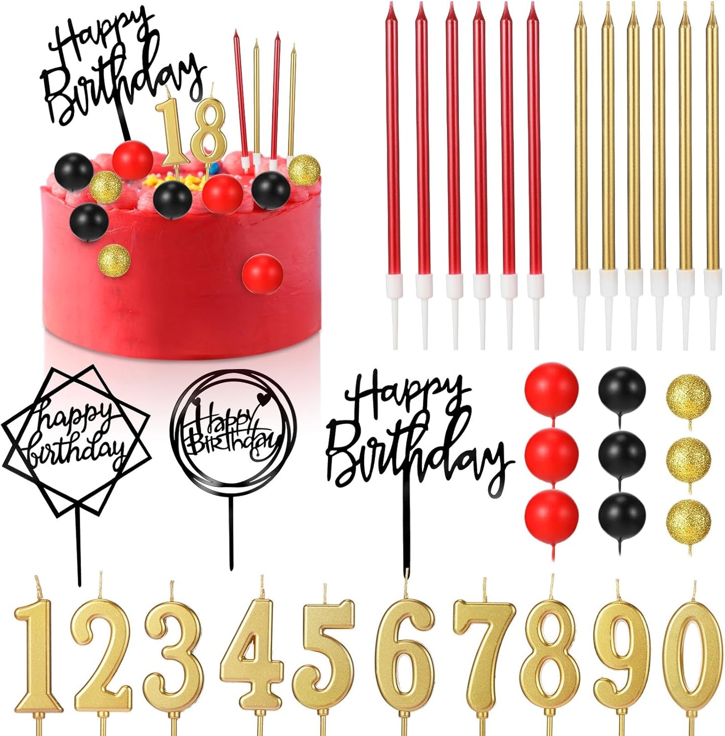 Yerliker 34 Pcs Happy Birthday Cake Toppers Decorations Birthday Candles DIY Cake Decor for Men Women Wedding Anniversary(Gold)