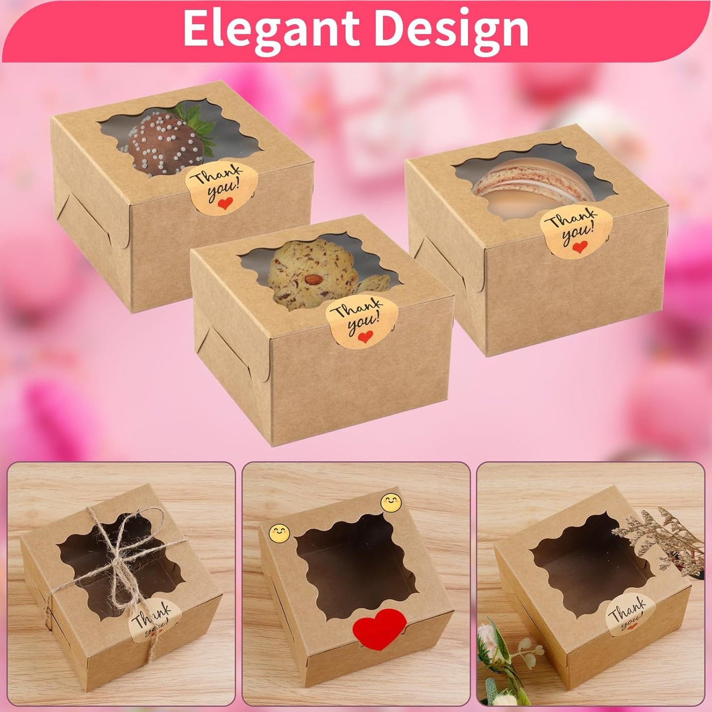 WINKIO 24pcs White Cookie Boxes, 4x4x2.5 Inches Bakery Boxes with Window, for Mini Cake Treat Dessert Pastry Donuts Macaroon Strawberries Chocolate Candy (with Stickers)