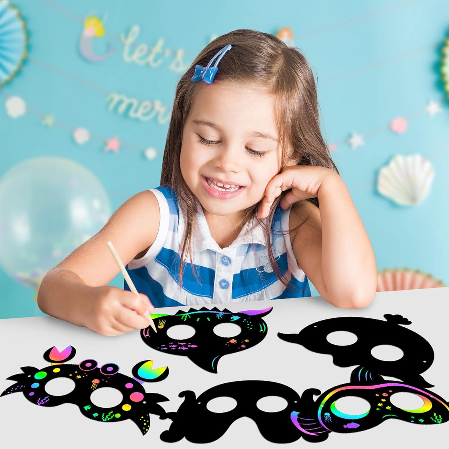 WATINC 30pcs Ocean Animals Scratch Masks for Kids, 6 Styles Summer Paper Scratch off Art Magic Craft Party Favors Kit, DIY Under The Sea Project for School Classroom Activity Birthday Party
