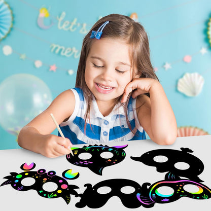 WATINC 30pcs Ocean Animals Scratch Masks for Kids, 6 Styles Summer Paper Scratch off Art Magic Craft Party Favors Kit, DIY Under The Sea Project for School Classroom Activity Birthday Party