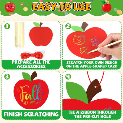 Qyeahkj 60 Sets Fall Red Apple Crafts Rainbow Magic Scratch Paper Craft with Wooden Stick Apple Scratch Art Kit for Fall Party Decor Autumn DIY Projects Room Activities