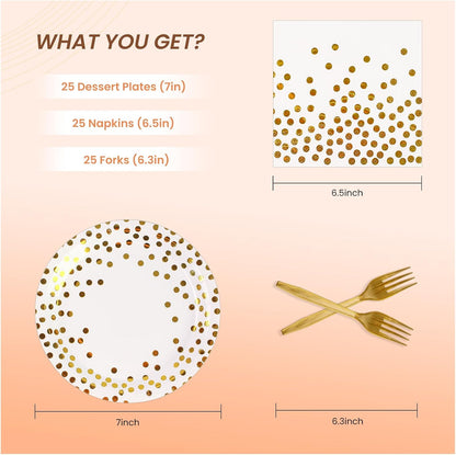 75PCS Paper Plates and Napkins Set - White and Gold Dot Disposable Party Dinnerware Includes Paper Plates, Napkins, Forks Decorations for 2026 New Year, Birthday, Wedding and Holiday, Serves 25